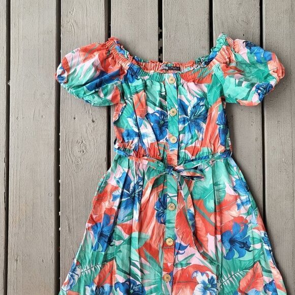 Zara Tropical Print Dress Off Shoulder Midi Length‎ A-line Green Orange Small - Picture 4 of 7